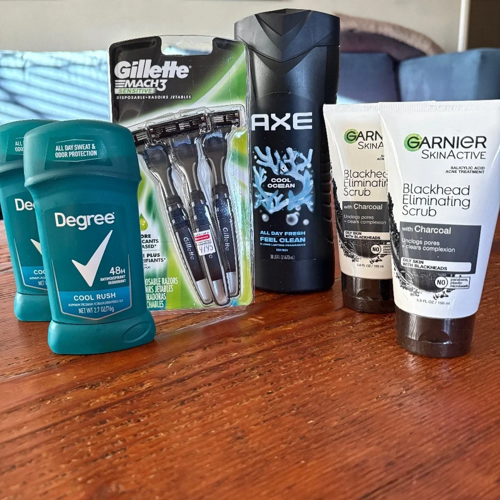 NWT Men's Personal Care Bundle, Degree , Garnier Blackhead Scrub, Axe, Gillette
